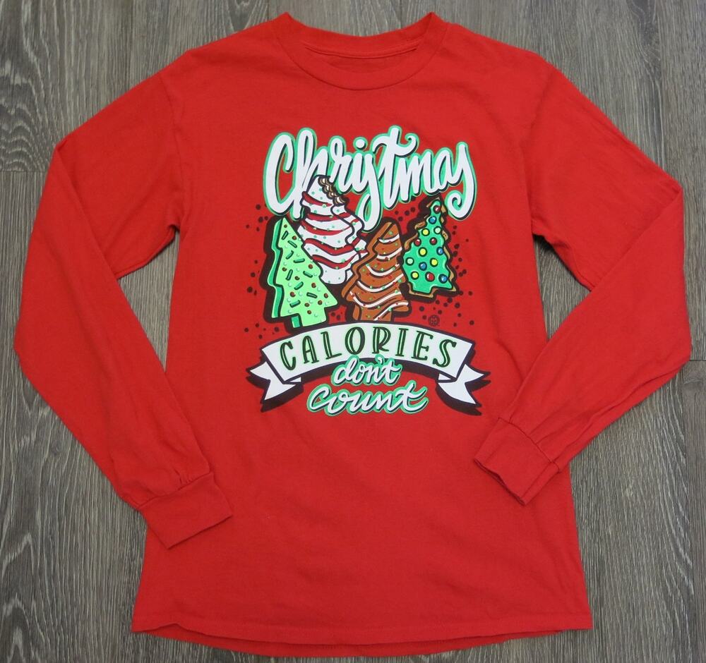 Girlie Girl Christmas Calories Dont Count Top Size S Women Long Sleeve Red Ugly